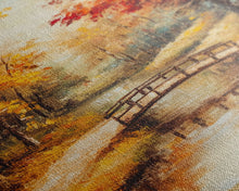 Carregar imagem no visualizador da galeria, Autumn Bridge Over Stream Framed Canvas Print Wall Art Fall Landscape Decor, Rustic Autumn Art Gift, Seasonal Wall Art
