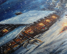 Load image into Gallery viewer, Cowboy Christmas by the Fire Framed Canvas Print, Western Holiday Decor with Snowy Cabin, Cozy Art Perfect for Rustic Christmas Winter Decor
