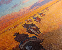 Load image into Gallery viewer, Cowboy Campfire Framed Canvas Print, Evening Gathering with Riders Around Fire, Western Landscape Art for Fall or Winter Home Decor
