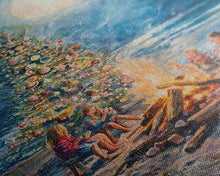 Cargar imagen en el visor de la galería, Christmas by the Bonfire Framed Canvas Print Family Gathering Around Christmas Tree Beach, Coastal Holiday Wall Art Nautical Christmas Decor
