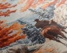 Load image into Gallery viewer, Cowboy riding through autumn forest, Framed Canvas Print, fall landscape wall art, western style decor for cozy homes, perfect gift idea
