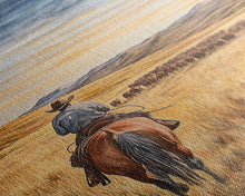 Load image into Gallery viewer, Cowboy leading cattle across golden prairie, Framed Canvas Print, western landscape wall art for rustic farmhouse decor, gift idea holiday
