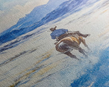 Load image into Gallery viewer, Cowboy riding through snowy mountain pass, Framed Canvas Print, western winter landscape wall art, farmhouse holiday decor Christmas gift
