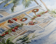 Carregar imagem no visualizador da galeria, Beach Christmas porch with palm trees and wreaths, holiday decor Framed Canvas Print Christmas wall art farmhouse tropical decor idea
