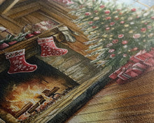 Load image into Gallery viewer, Cozy farmhouse Christmas interior Framed Canvas Print with tree stockings and fireplace, warm holiday art rustic Christmas decor mantle
