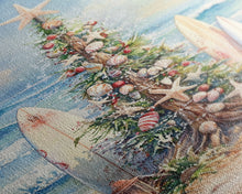 Cargar imagen en el visor de la galería, Coastal Christmas tree with surfboards at the beach Framed Canvas Print, tropical holiday wall art beach Christmas decor Christmas prints
