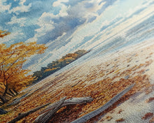 Carregar imagem no visualizador da galeria, Autumn beach landscape with vibrant fall leaves and coastal breeze Framed Canvas Print perfect fall wall art for seasonal farmhouse decor
