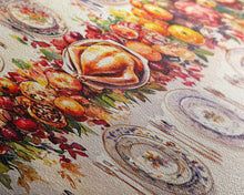Load image into Gallery viewer, Festive Thanksgiving dinner table setting with colorful centerpiece, framed canvas print perfect autumn holiday decor wall art

