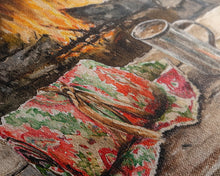 Carregar imagem no visualizador da galeria, Canvas Print Cozy Fireplace with Christmas Blanket and Mug, Rustic Christmas Decor, Holiday Home Art, Warm Christmas Wall Art
