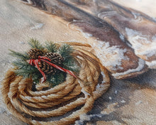 Load image into Gallery viewer, Framed Canvas Print Cowboy Boots and Rope with Pinecones, Rustic Winter Decor, Western Christmas Art, Perfect Holiday Wall Print
