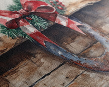 Cargar imagen en el visor de la galería, Festive horseshoe Christmas art, rustic holiday decor, farmhouse holiday gift idea, cozy winter home decor, framed canvas print
