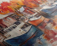 Cargar imagen en el visor de la galería, Fishing boats in harbor with autumn trees, framed canvas print, fall coastal art, rustic nautical decor, perfect gift idea, autumn wall art
