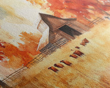 Load image into Gallery viewer, Cowboy on horse in autumn farm scene, framed canvas print, rustic fall decor, farmhouse home decor, cozy autumn landscape art, fall wall art
