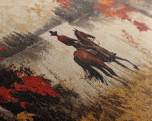 Load image into Gallery viewer, Cowboy on mountainside with red autumn leaves rugged cliffs, Framed Canvas Print, fall landscape wall art, western decor with warm colors
