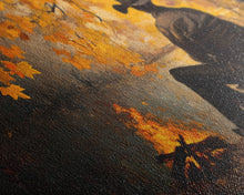 Load image into Gallery viewer, Cozy autumnal Framed Canvas Print featuring a woman with a mug, surrounded by vibrant fall leaves, perfect seasonal wall art for cozy spaces
