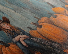 Load image into Gallery viewer, Cute Cowgirl In A Pumpkin Patch, Framed Canvas Print, Fall / Thanksgiving Decor, minimalist seasonal art for autumn or Christmas decor
