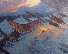 Load image into Gallery viewer, Cowboys and Log Cabin Winter Christmas Framed Canvas Print, Rustic Mountain Holiday Scene Art, Best Christmas Gift Idea, Winter Decor
