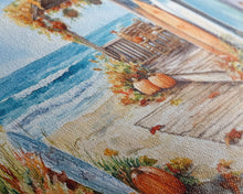 Carregar imagem no visualizador da galeria, Autumn surfboard porch decor scene, Framed Canvas Print with pumpkins and fall leaves on beach, autumn beach house wall art and decor piece
