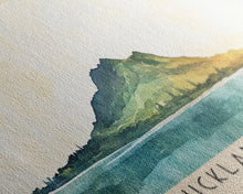 Load image into Gallery viewer, Auckland Island, New Zealand Watercolor Print, Vacation Gift, New Zealand Wall Art, Beach Painting, Beach Decor, Large Wall Art, Wood Frame Art
