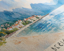 Load image into Gallery viewer, Bečići Beach, Montenegro Watercolor Print, Vacation Gift, Montenegro Wall Art, Beach Painting, Beach Decor, Large Wall Art, Wood Frame Art
