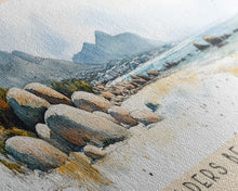 Load image into Gallery viewer, Boulders Beach, Cape Town, South Africa Watercolor Print, Vacation Gift, South Africa Wall Art, Beach Painting, Beach Decor, Large Wall Art, Wood Frame Art
