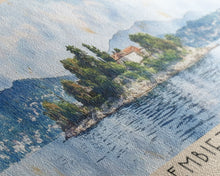 Load image into Gallery viewer, Embiez Island, France Watercolor Beach Print, Vacation Gift, France Wall Art, Framed Canvas Print, Framed Beach Painting
