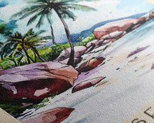 Load image into Gallery viewer, Anse Cocos, Seychelles Watercolor Beach Print, Vacation Gift, Seychelles Wall Art, Beach Painting, Beach Decor, Beach Painting
