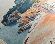 Load image into Gallery viewer, Atrani, Italy Watercolor Beach Print, Vacation Gift, Italy Wall Art, Beach Painting, Beach Decor, Beach Painting
