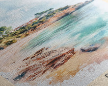 Load image into Gallery viewer, Cala Pregonda, Spain Watercolor Print, Vacation Gift, Spain Wall Art, Beach Painting, Beach Decor, Large Wall Art, Wood Frame Art

