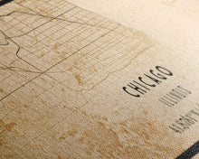 Load image into Gallery viewer, Distressed Panoramic Chicago map print poster or framed canvas, Illinois road map print poster canvas, Chicago city map print poster canvas

