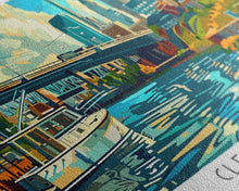 Cargar imagen en el visor de la galería, Cleveland Ohio Panoramic Wall Art Framed Canvas Print, Mid Century Modern Art, Pop Art Style, Travel Poster, Home Decor, Retro Style
