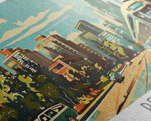 Load image into Gallery viewer, Detroit Michigan Panoramic Wall Art, Mid Century Modern Framed Canvas Print, Retro Pop Art Travel Poster, Office Art, Living Room Decor
