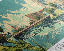 Cargar imagen en el visor de la galería, Cedar Rapids Iowa Panoramic Painting, Mid Century Modern Framed Canvas Print, Retro Pop Art Travel Poster, Living Room Wall Art Decor, City Print
