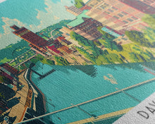 Load image into Gallery viewer, Davenport Iowa Panoramic Wall Art, Mid Century Modern Framed Canvas Print, Retro Pop Art Travel Poster, City Art Gift, Home Decor
