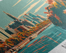 Carregar imagem no visualizador da galeria, Buffalo New York Panoramic Painting, Framed Canvas Print, Mid Century Modern Wall Art, Retro Pop Art Travel Poster, Office Decor, City Art
