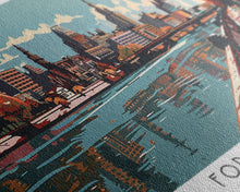 Load image into Gallery viewer, Fort Wayne Indiana Panoramic Painting, Framed Canvas Print, Mid Century Modern Wall Art, Retro Pop Art Travel Poster, Office Decor, City Art
