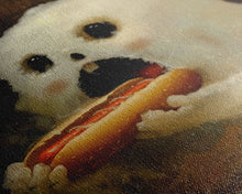 Load image into Gallery viewer, Ghostly Hot Dog Thief, Cute Lil Ghost Eatin&#39; a Dog, The Hot Dog Ghost, Haunted Hot Dog Thief, Framed Canvas Print, Halloween Art
