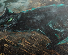Carregar imagem no visualizador da galeria, Black Cat with Piercing Green Eyes, Framed Canvas Print, Spooky Cat Art, Witchy Feline Decor, Halloween Wall Art, Gothic Cat Decor
