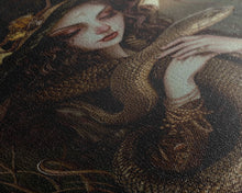 Load image into Gallery viewer, Witch Holding Snake under Full Moon - Dark Forest Sorcery Gothic Art Framed Canvas Print, Halloween Witchy Decor
