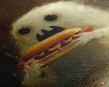 Load image into Gallery viewer, Cute Ghost Chompin on A Hot Dog, Ghostly Hot Dog Thief, Framed Canvas Print, Funny Halloween Spooky Season Art
