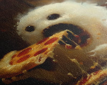 Load image into Gallery viewer, Cute Ghost Chompin on A Pizza, Ghostly Pizza Pirate, Framed Canvas Print, Funny Halloween Spooky Season Art
