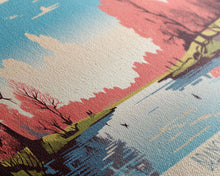 Load image into Gallery viewer, Branched Oak Lake Nebraska Framed Canvas Print, Pop Art Panoramic Travel Poster, Bedroom Decor, Midcentury Modern, Wall Art, Scenic Lake House
