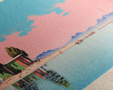 Carregar imagem no visualizador da galeria, Caballo Lake New Mexico Framed Canvas Print, Midcentury Modern Panoramic Wall Art, Living Room Decor, Pop Art, Travel Poster Art, Scenic Nature Painting
