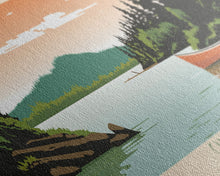 Carregar imagem no visualizador da galeria, Canoe Lake Saskatchewan Framed Canvas Print, Midcentury Modern Panoramic Wall Art, Living Room Decor, Pop Art, Travel Poster Art, Scenic Nature Painting
