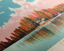 Load image into Gallery viewer, Clinton Lake Illinois Framed Canvas Print, Midcentury Modern Panoramic Wall Art, Living Room Decor, Pop Art, Travel Poster Art, Scenic Nature Painting, Lake House Decor
