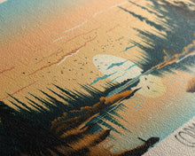 Cargar imagen en el visor de la galería, Cormorant Lake Manitoba Framed Canvas Print, Pop Art Panoramic Travel Poster, Midcentury Modern, Wall Art, Scenic Nature Painting, Bedroom Decor, Living Room Art
