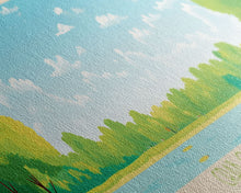 Load image into Gallery viewer, Crab Orchard Lake Illinois Framed Canvas Print, Midcentury Modern Panoramic Wall Art, Living Room Decor, Pop Art, Travel Poster Art, Scenic Nature Painting, Lake House Decor
