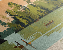 Load image into Gallery viewer, Cross Lake Louisiana Framed Canvas Print, Midcentury Modern Panoramic Wall Art, Living Room Decor, Pop Art, Travel Poster Art, Scenic Nature Painting, Lake House Decor
