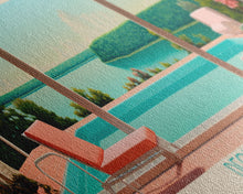 Load image into Gallery viewer, DeQueen Lake Arkansas Framed Canvas Print, Midcentury Modern Panoramic Wall Art, Living Room Decor, Pop Art, Travel Poster Art, Scenic Nature Painting
