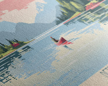 Load image into Gallery viewer, Detroit Lake Oregon Framed Canvas Print, Midcentury Modern Panoramic Wall Art, Bedroom Decor, Pop Art, Travel Poster Art, Scenic Nature Painting
